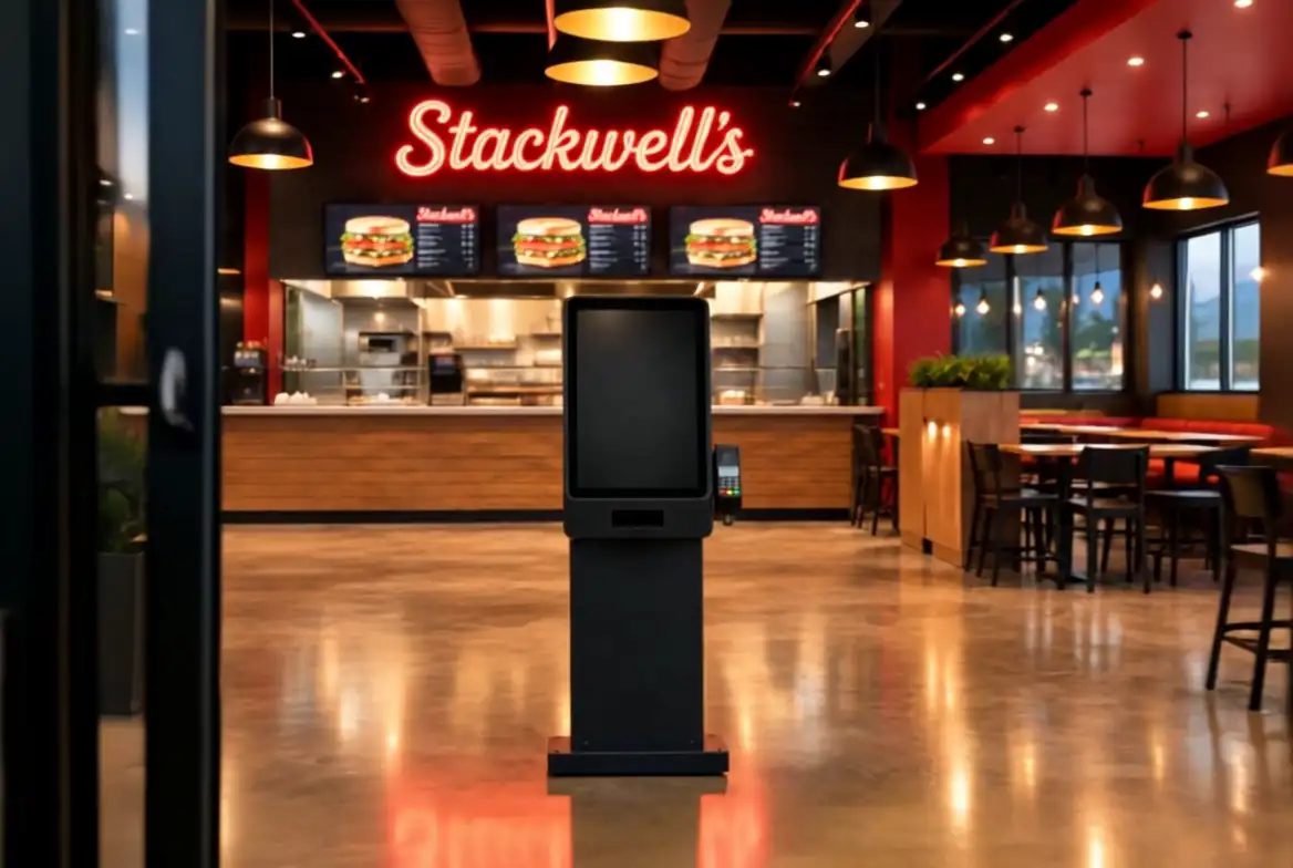 Just inside the door: an empty dining room with the counter and a self-order kiosk ahead.