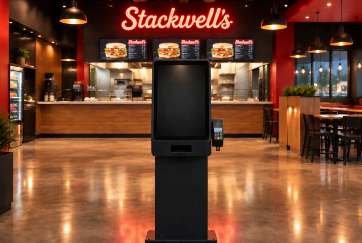 The self-order kiosk in the middle of the empty restaurant, in front of the counter.
